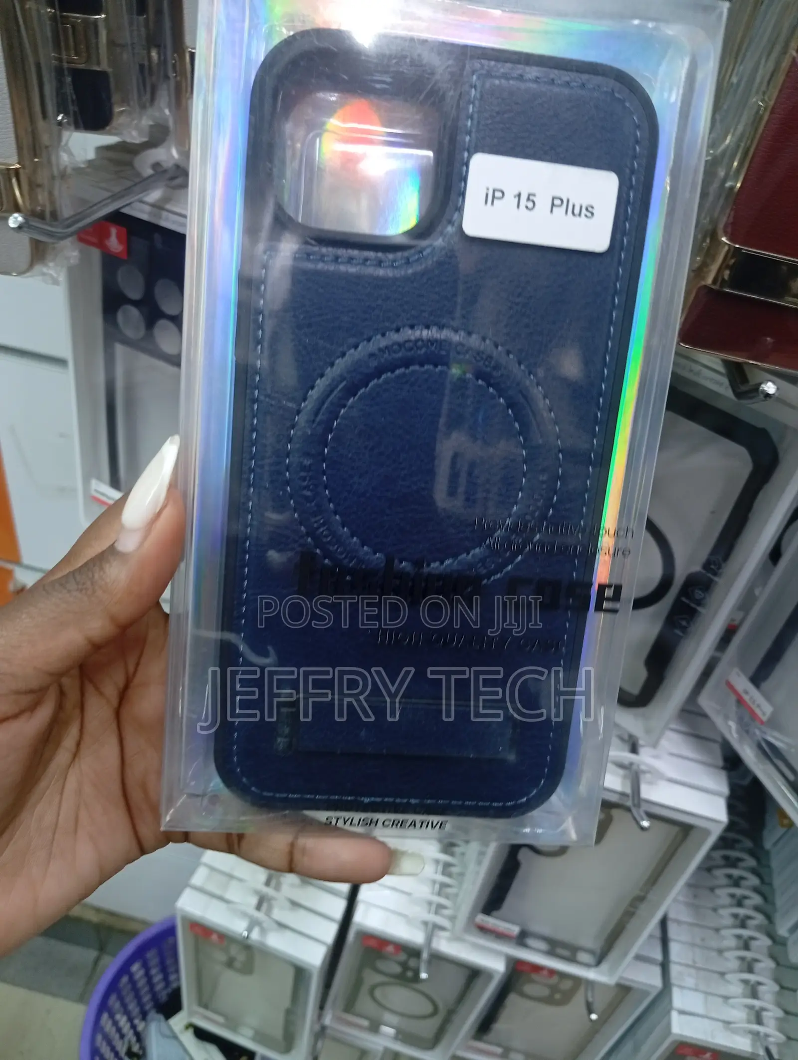 Dark Blue Leather Magnetic Phone Case Designed for the iPhone 15