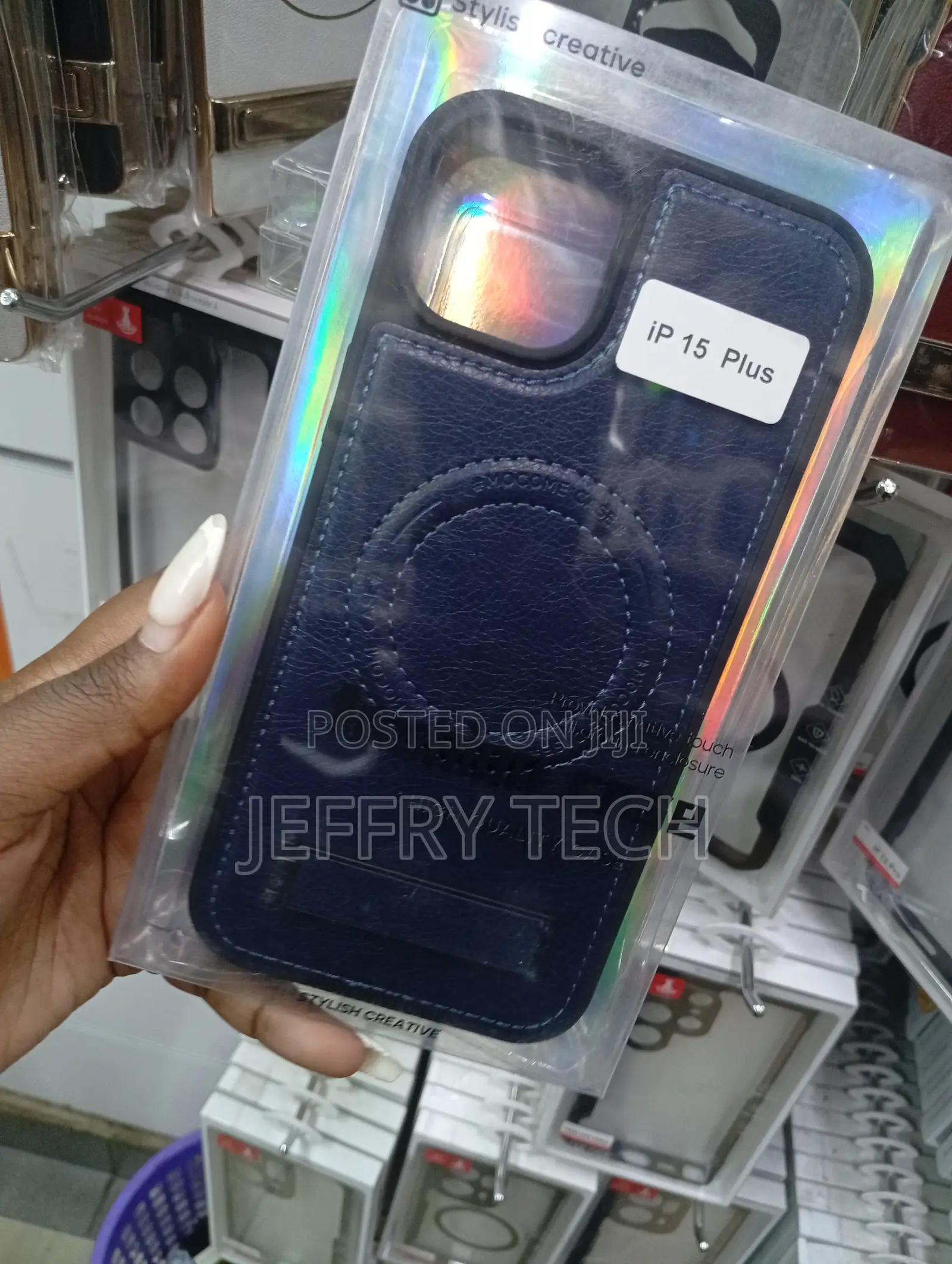 Dark Blue Leather Magnetic Phone Case Designed for the iPhone 15