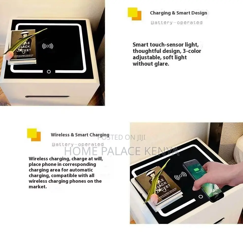 Bedside Table: 3 Drawer Led Smart Nightstand