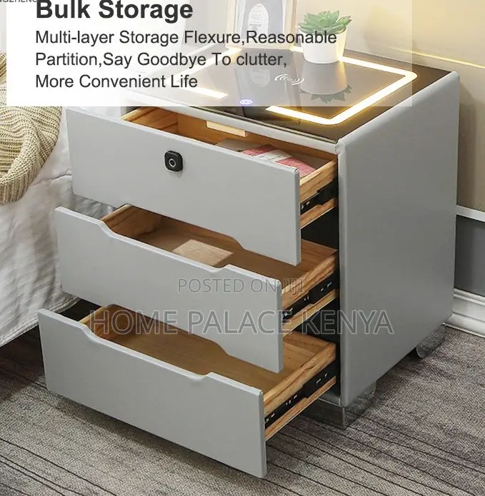 Bedside Table: 3 Drawer Led Smart Nightstand