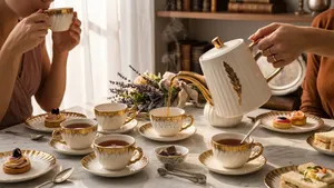 Tea Pot Set Gold Ceramic