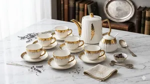 Tea Pot Set Gold Ceramic