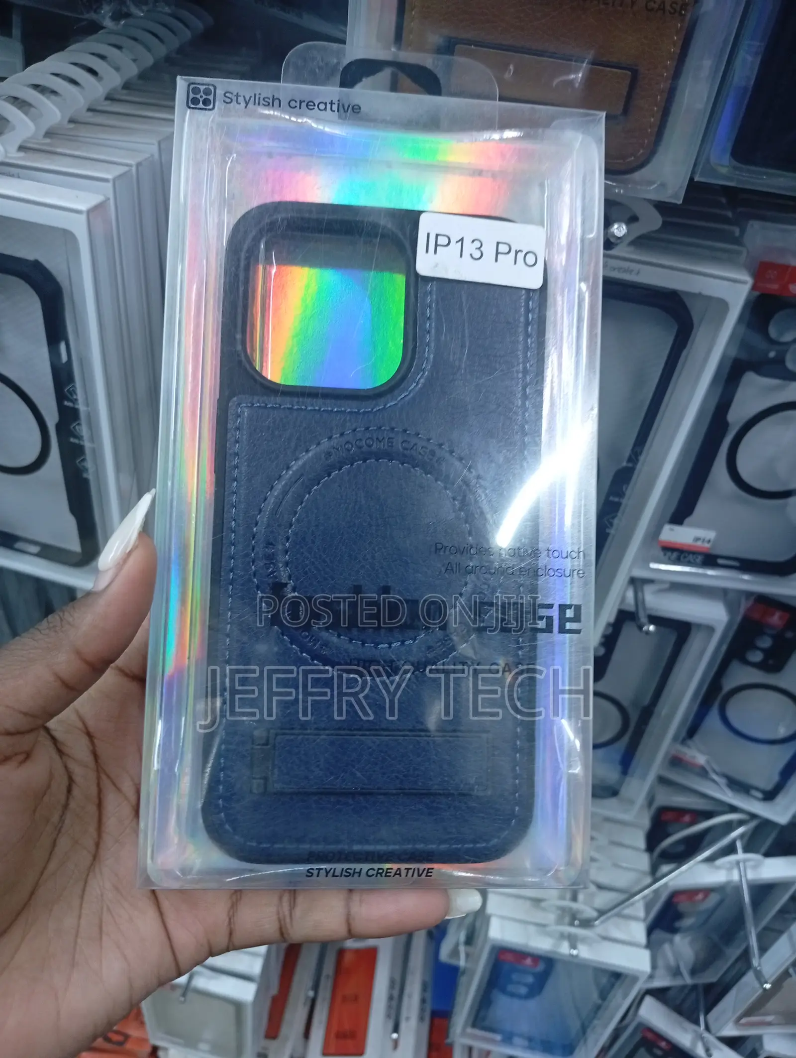 Blue Leather Magnetic Phone Case With Designed for the iPhone 13 Pro.