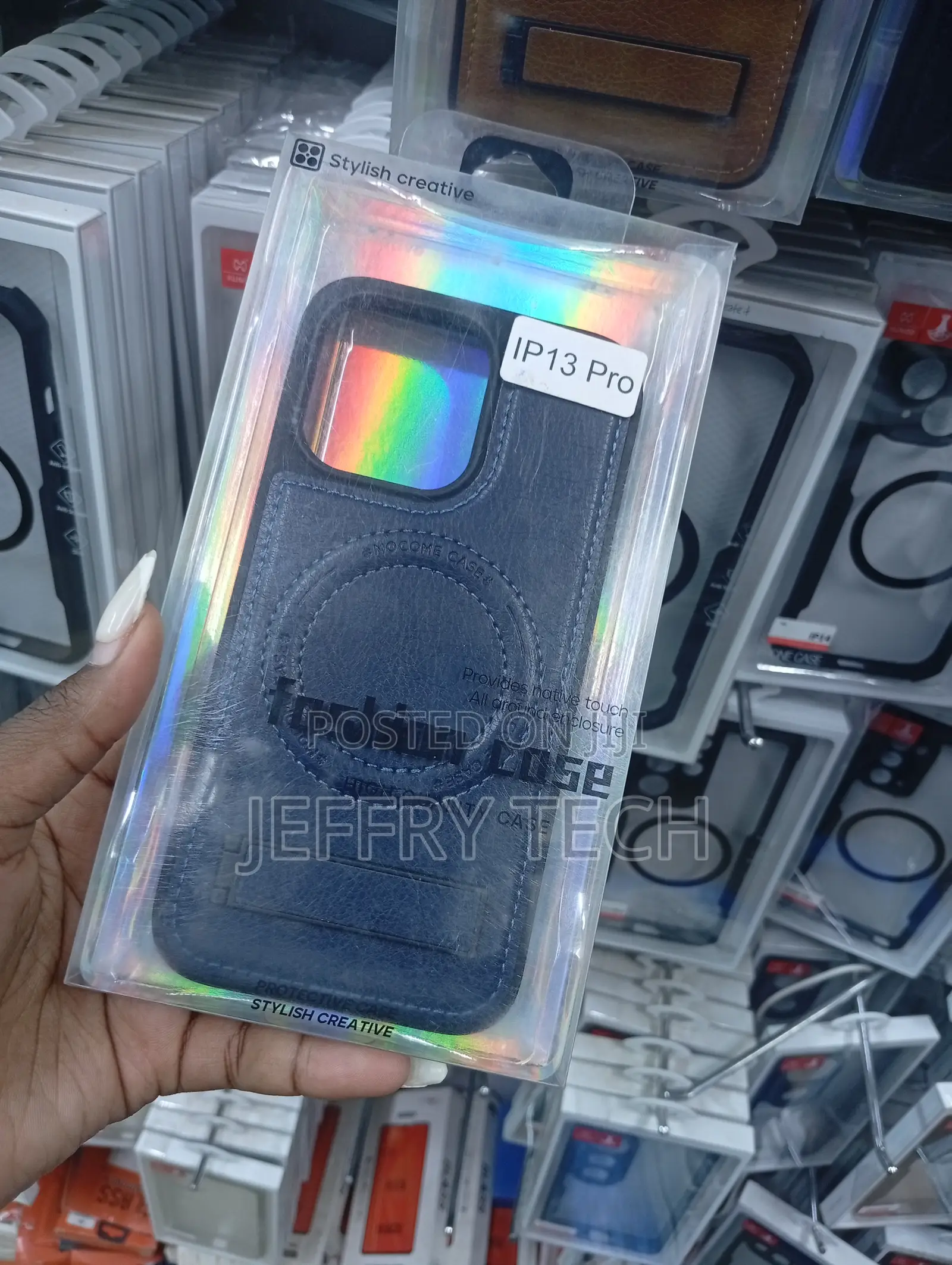 Blue Leather Magnetic Phone Case With Designed for the iPhone 13 Pro.