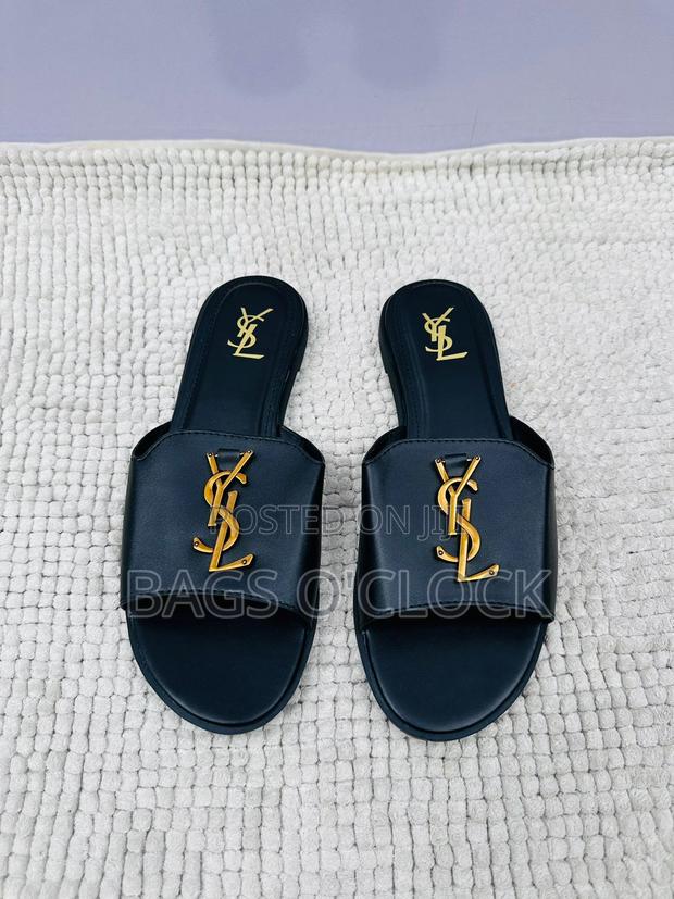 Original Saint Laurent (Ysl) Women's Flat Leather Sandals -Brown/Black - thumbnail 7