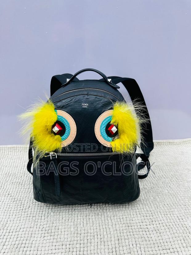 Fendi Black Leather Bag Bugs Monster Eyes Backpack With Yellow Fur