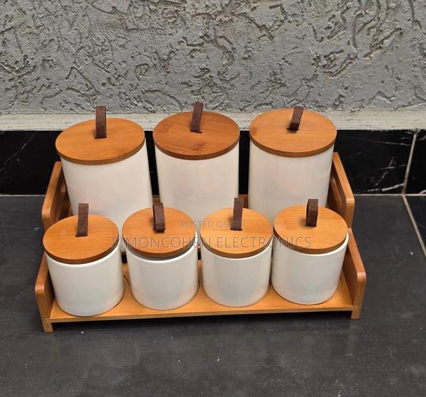 7pcs Ceramic Canister With Bamboo Stand