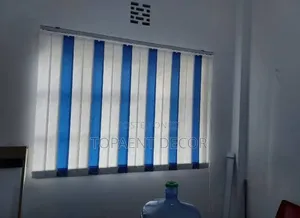 Office Window Kitchen, Blue and White Slats for Vertical Window Blinds