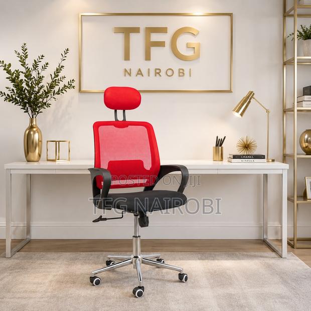 Red Ergonomic Mesh Office Chair With Headrest | High-Back Office Chair