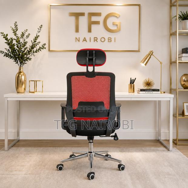 Red Ergonomic Mesh Office Chair With Headrest | High-Back Office Chair - thumbnail 3