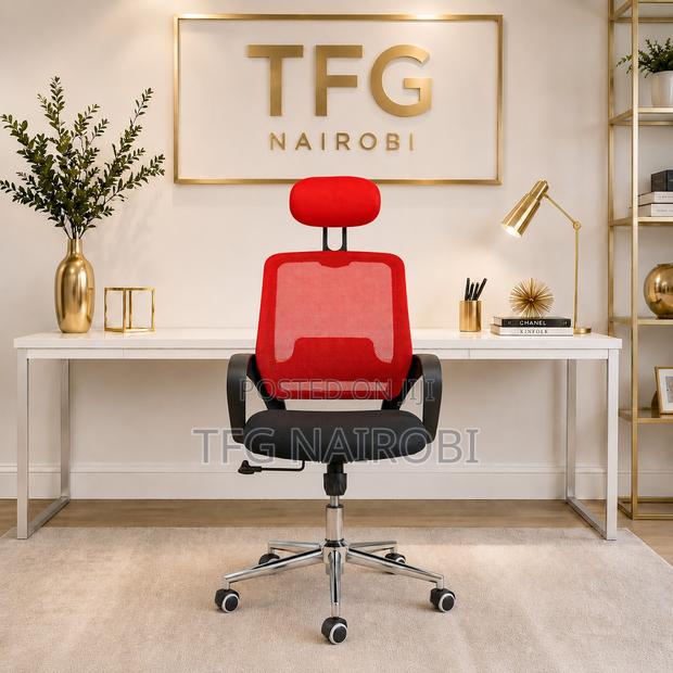 Red Ergonomic Mesh Office Chair With Headrest | High-Back Office Chair - thumbnail 4