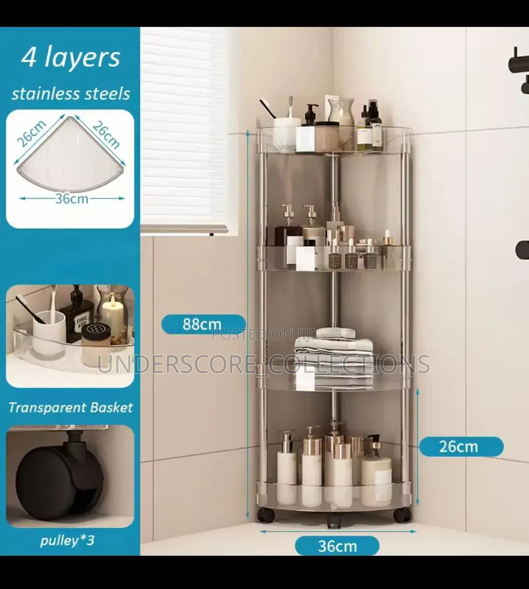 4 Layer Stainless Steel Wheeled Corner Storage Shelf