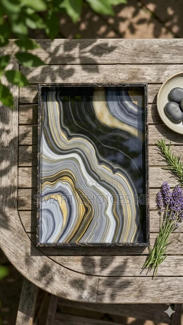 Black and Gold Agate Pattern Glass Serving Tray - main view