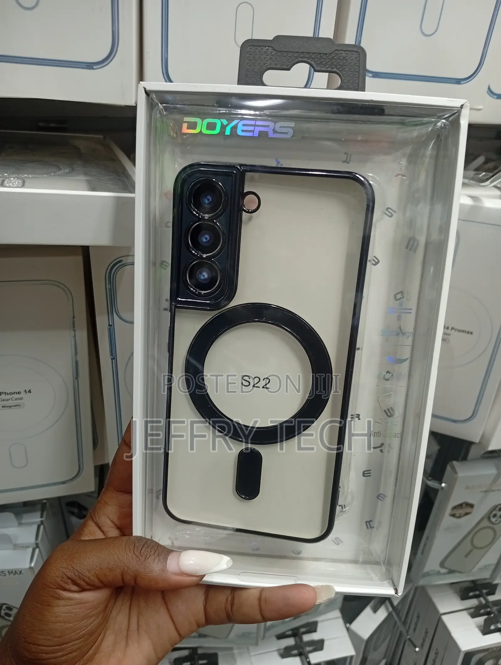 Samsung Galaxy S22 Clear Magnetic Case With a Black Frame.