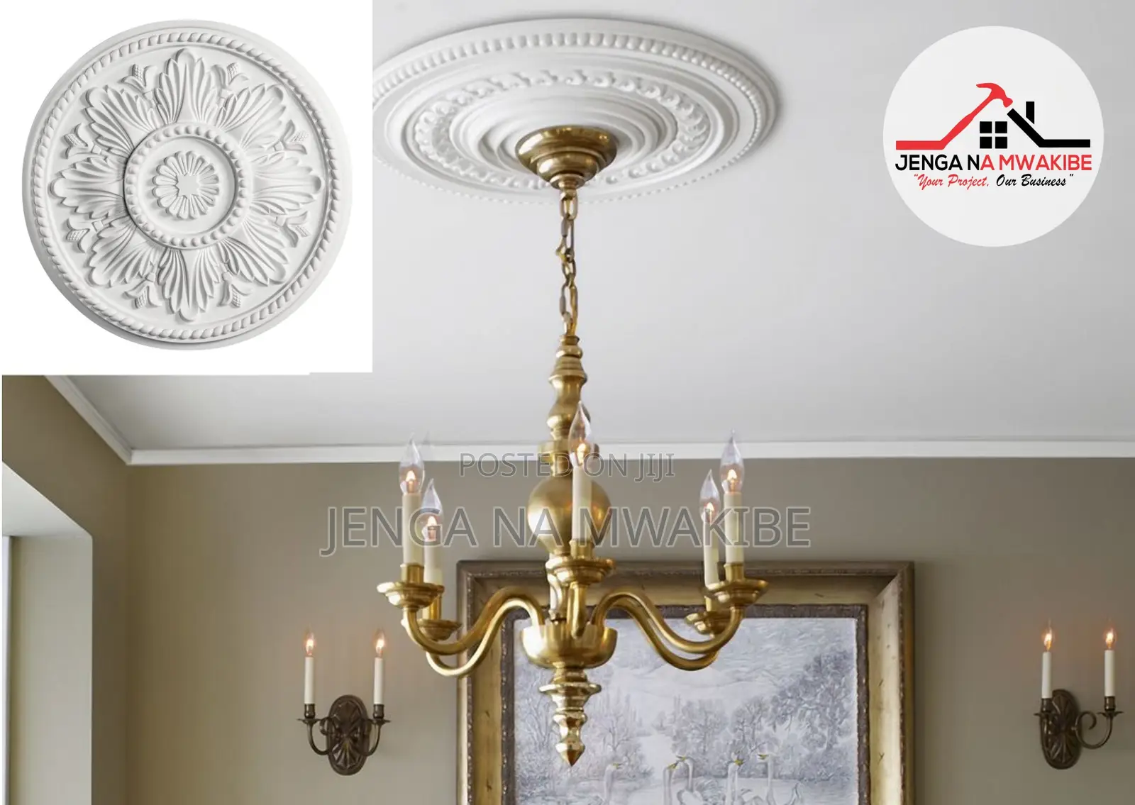 Gypsum Circular Ceiling Medallion Chandelier Installation