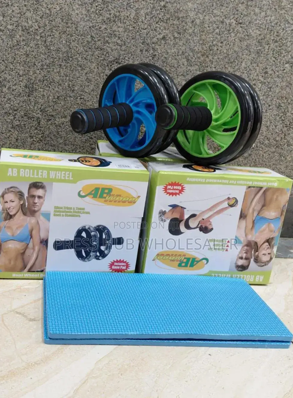 Dual Wheel Ab Roller Set Packaged With a Protective Foam Knee Pad.