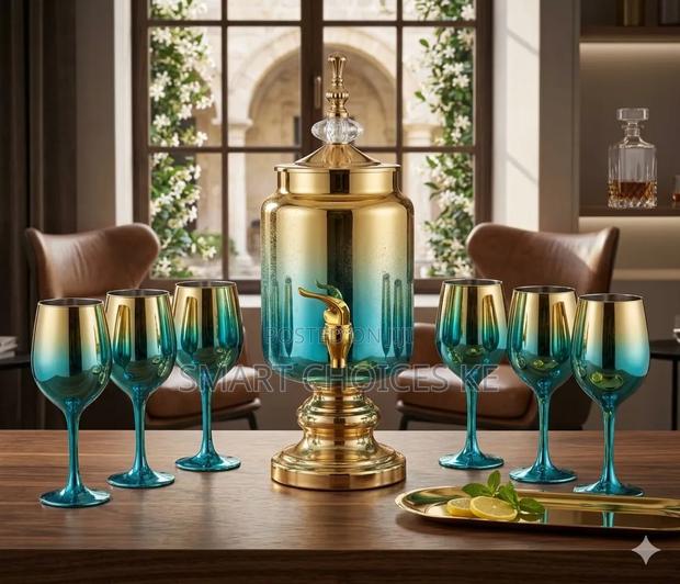 Glassware Juice Dispenser With 6 Glasses Full Set
