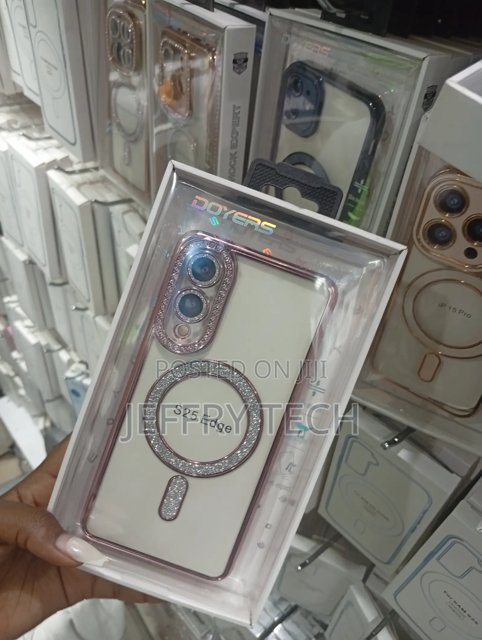 Samsung Galaxy S25 Edge Case With Pink Glitter and Rhinestone Design.