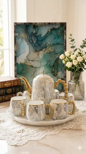 8pc White Tea/Coffee Set With Golden Handles