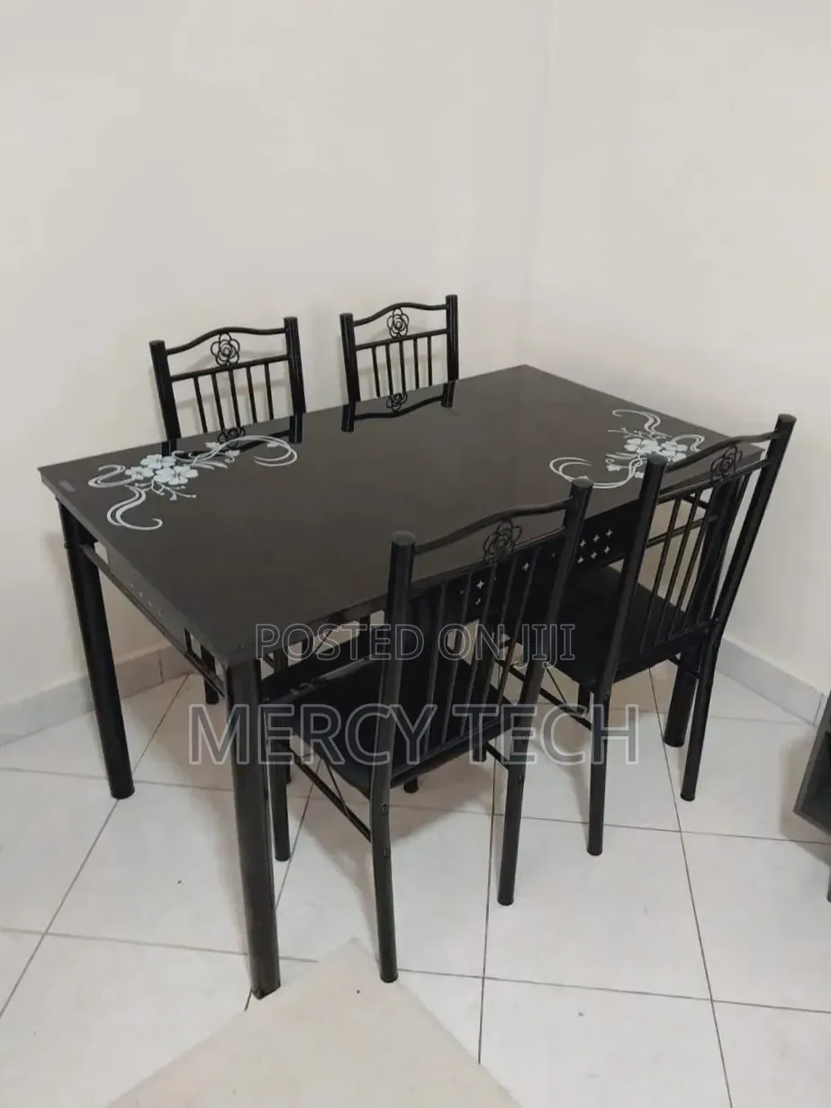 -Seater Black Glass Dining Set With Floral Design