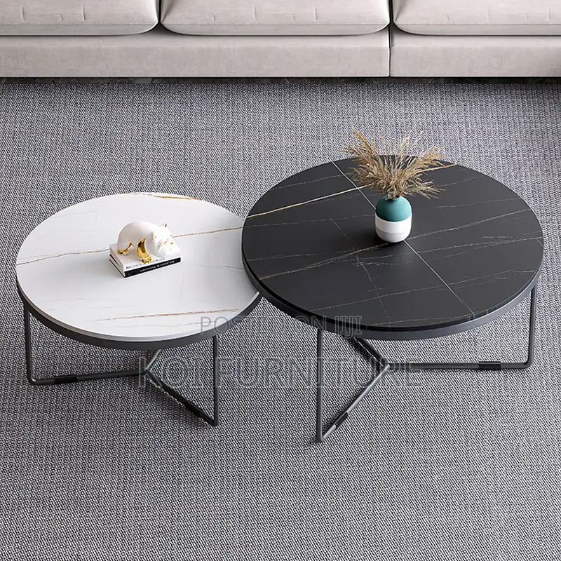 Coffee Table; Round Marble Coffee Table With Metal Frame