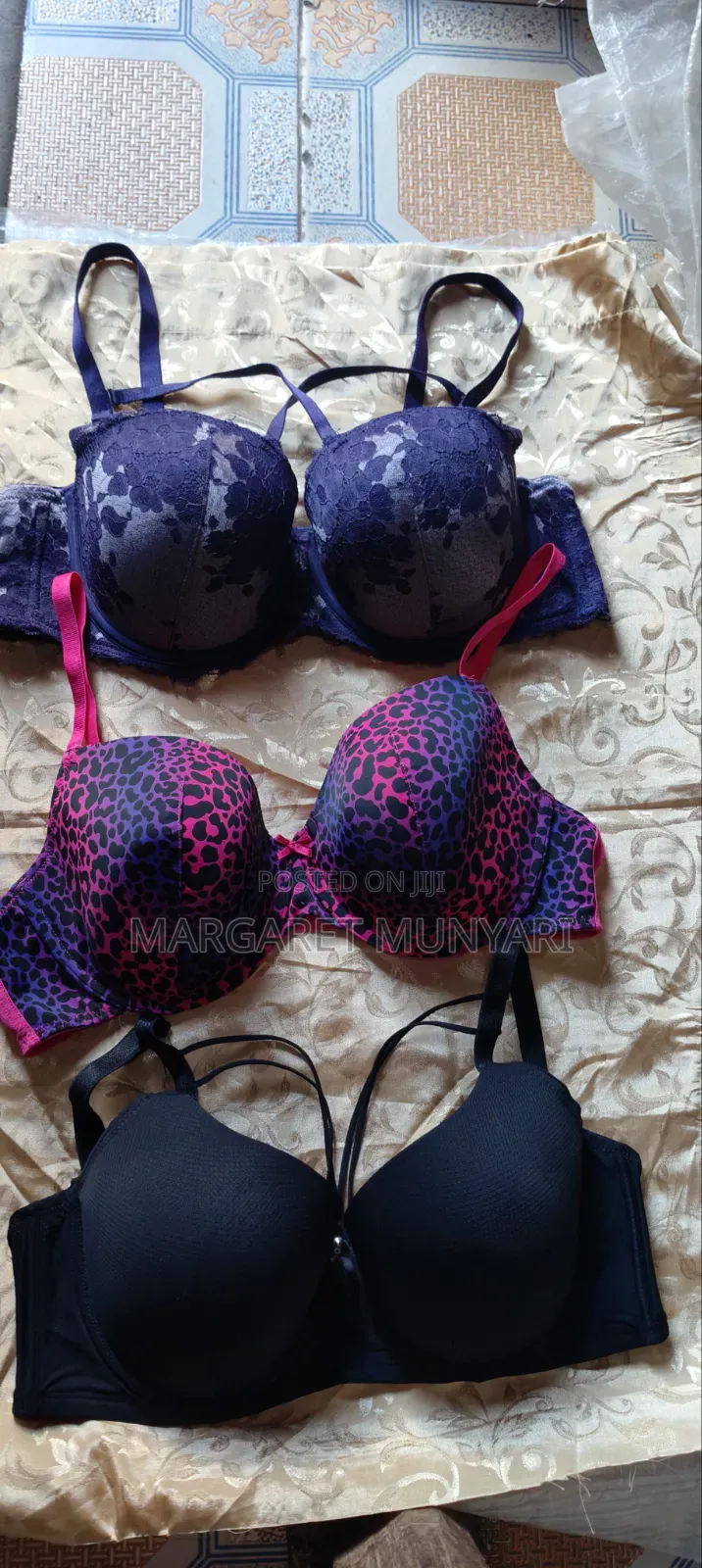 Navy Blue Light Green and Flowed Bra