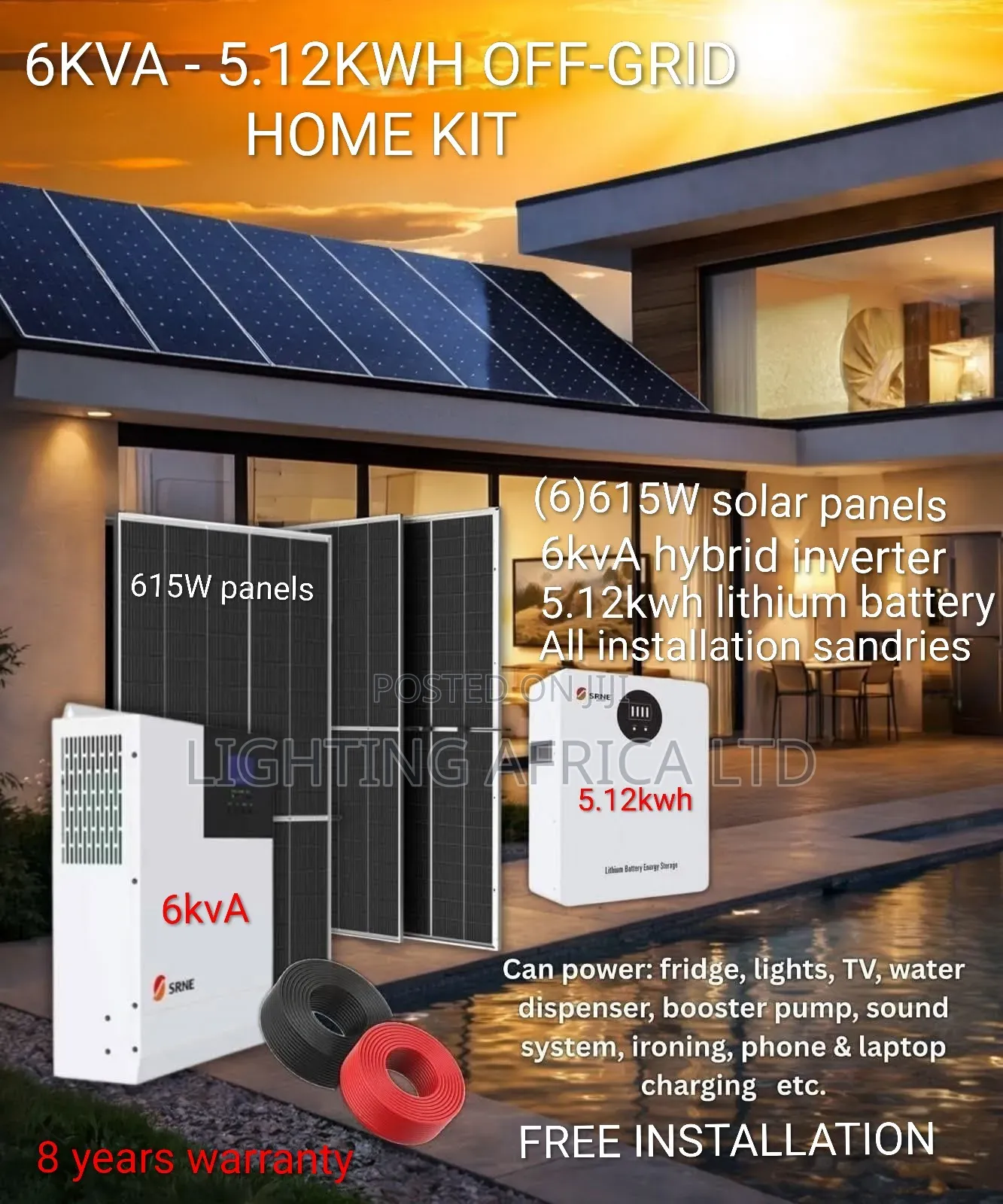 6kva Inverter - 5.12kwh Lithium -(6)615w Solar Panels Off-Grid System