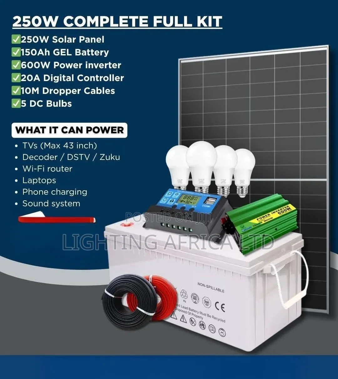 250w Solar - 150ah Battery - 600w Inverter - 20a Controller Package