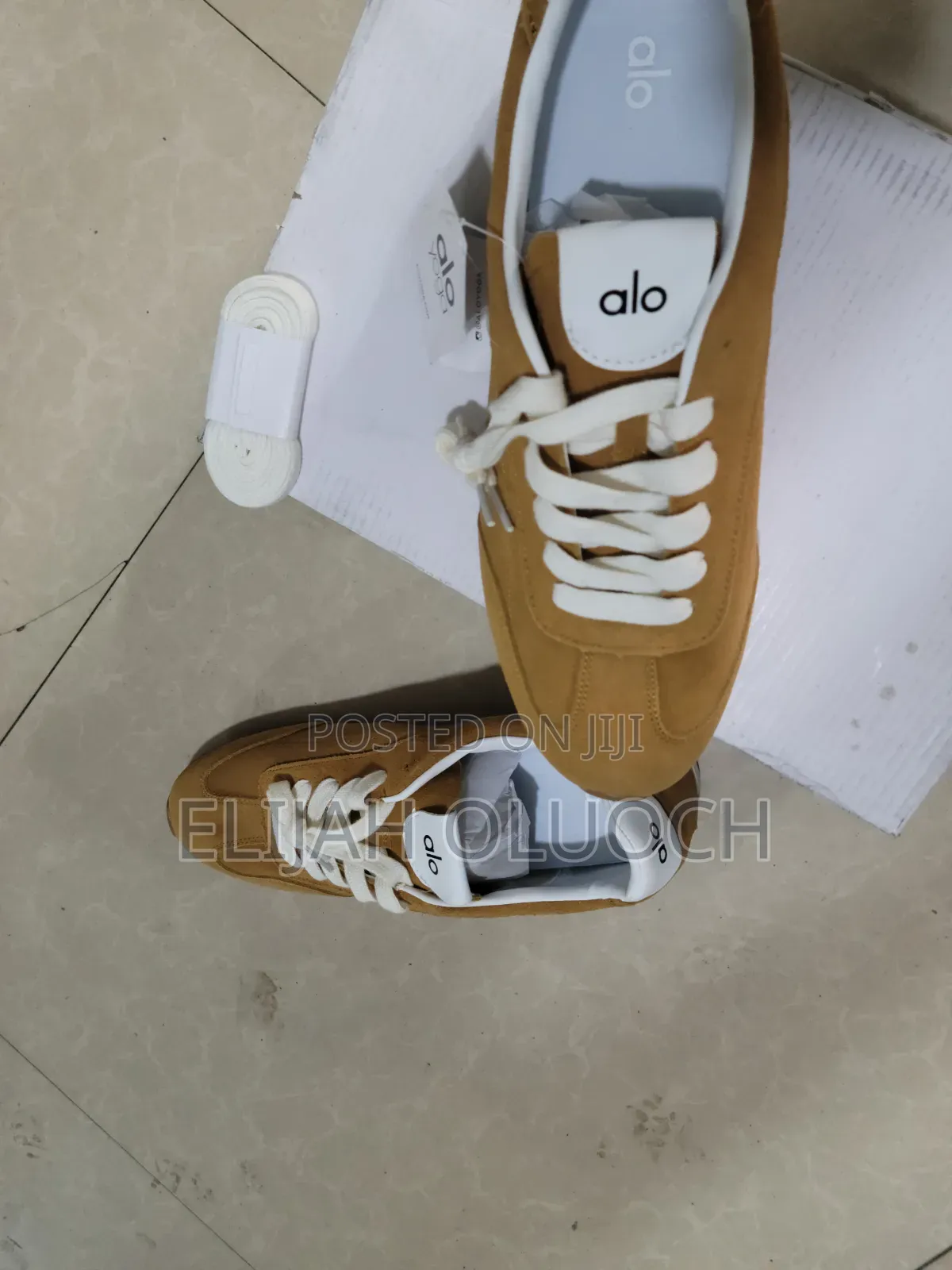 Alo Yoga Sunset Suede Sneakers in a Caramel Color.