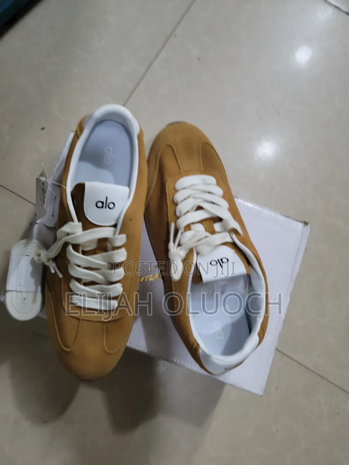 Alo Yoga Sunset Suede Sneakers in a Caramel Color.