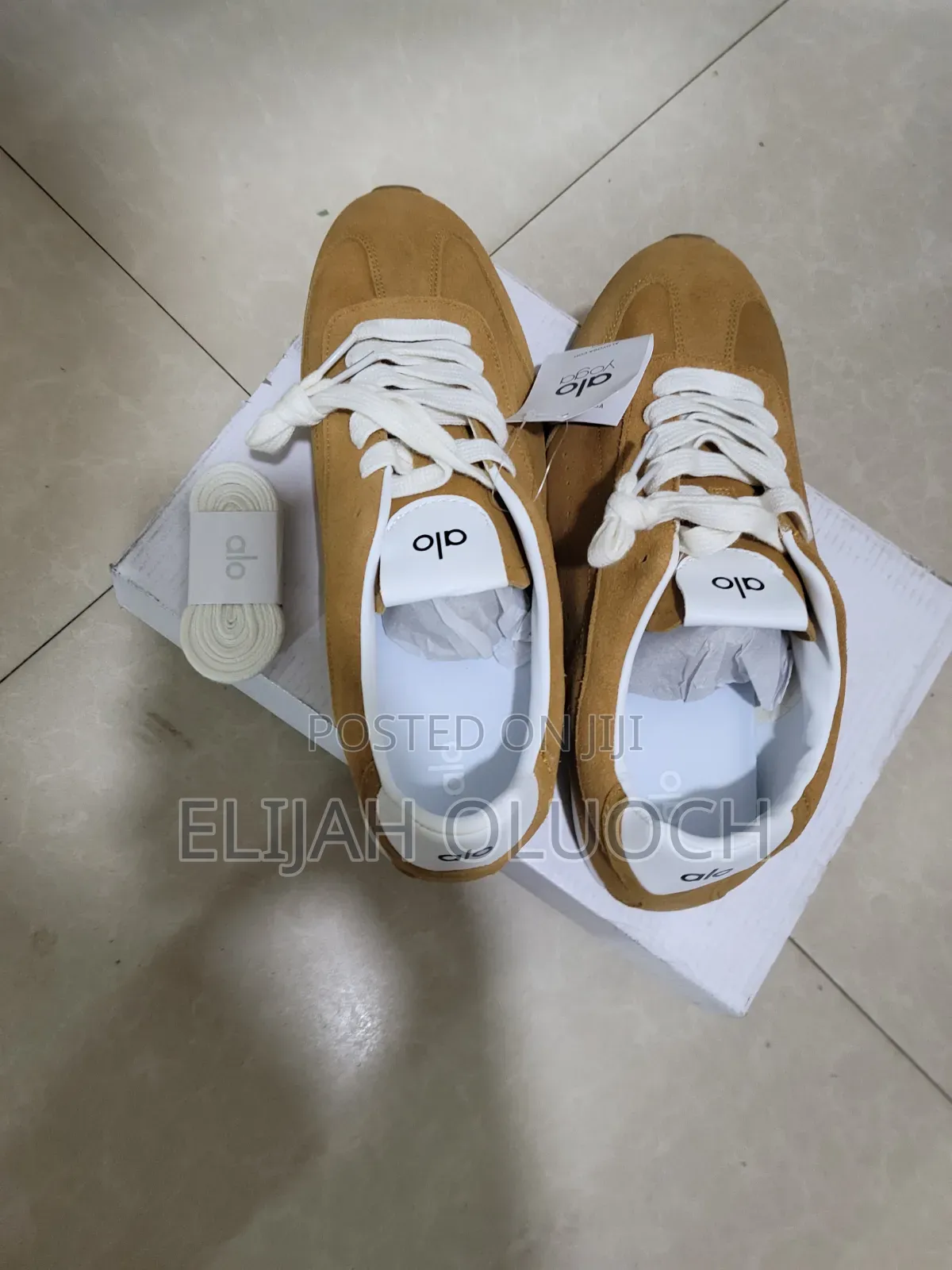 Alo Yoga Sunset Suede Sneakers in a Caramel Color.