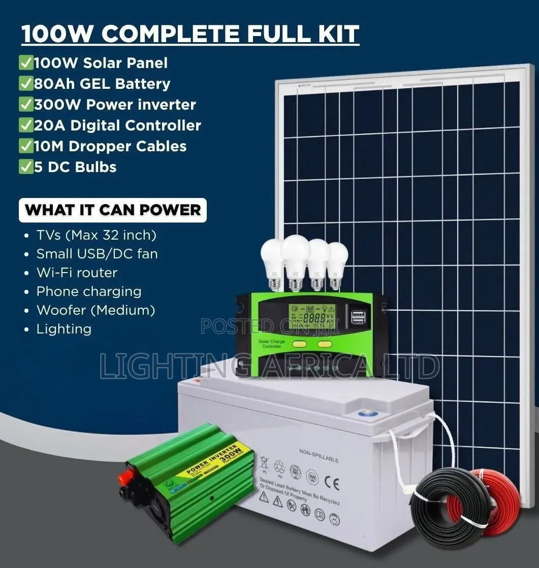 100w Solar Panel - 80a Battery - 300w Inverter - 20a Controller Kit