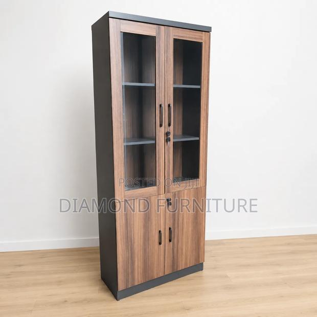 Modern Wooden Filing Cabinet With Glass Doors Lockable Shelves