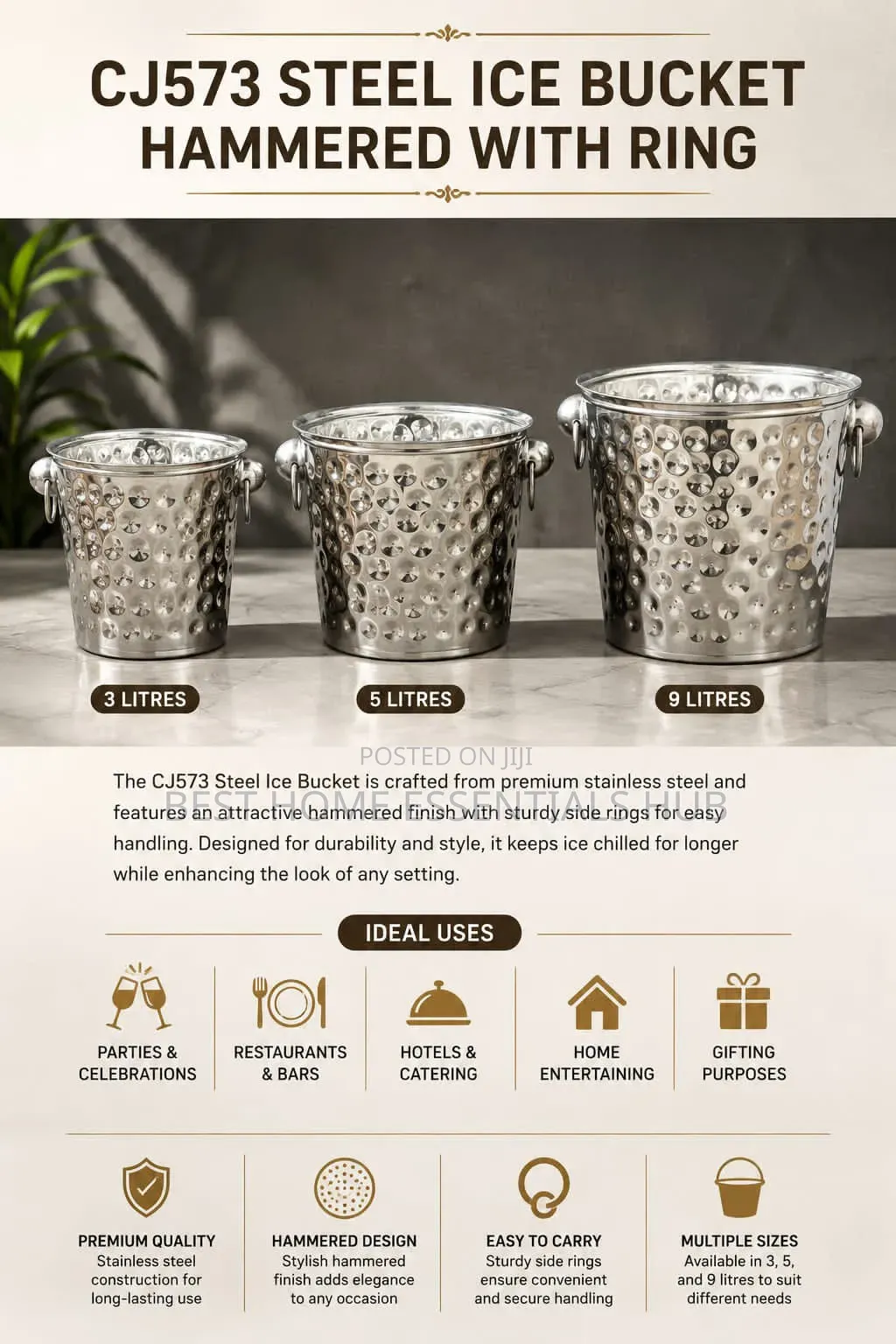 Stainless Steel Ice Bucket Hammered Design- 3l,5l,9 Litres