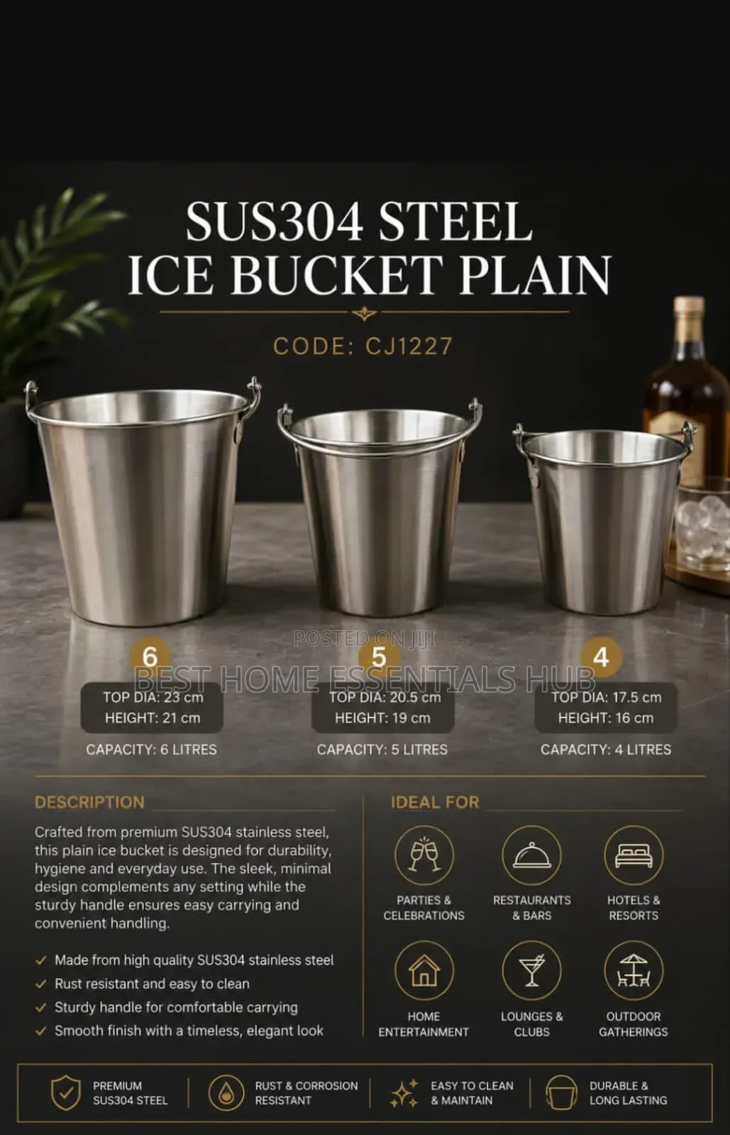 Steel Ice Bucket 0.7 L,1.1 L, 1.7 L