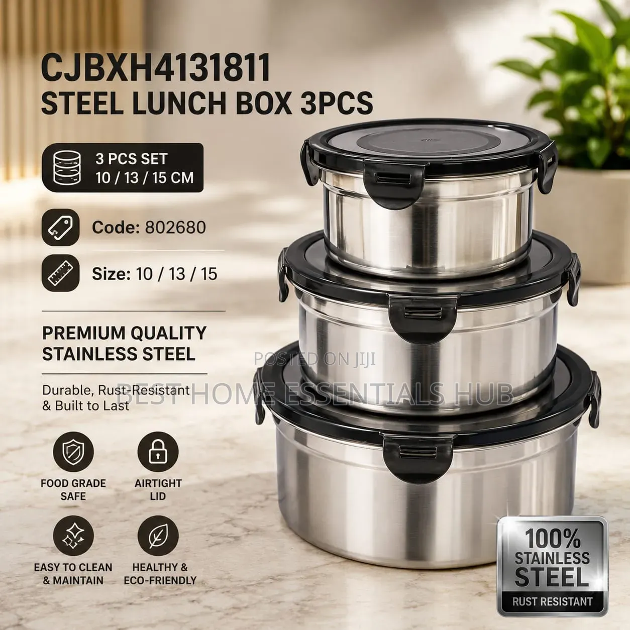 Steel Lunch Box With Lock – 3pcs Set 10cm / 13cm / 15cm