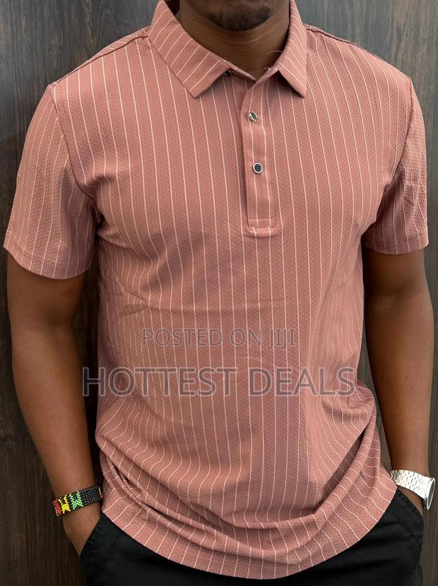 Terracotta-Colored Striped Knitted Polo Shirt With a Slim Fit
