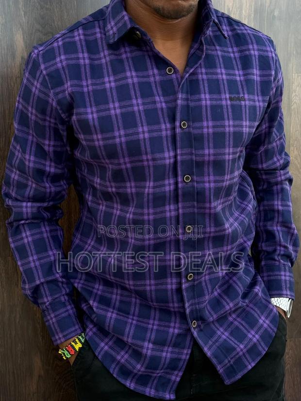 Boss Navy Reid Check Cotton Shirts With Coloured Check Pattern
