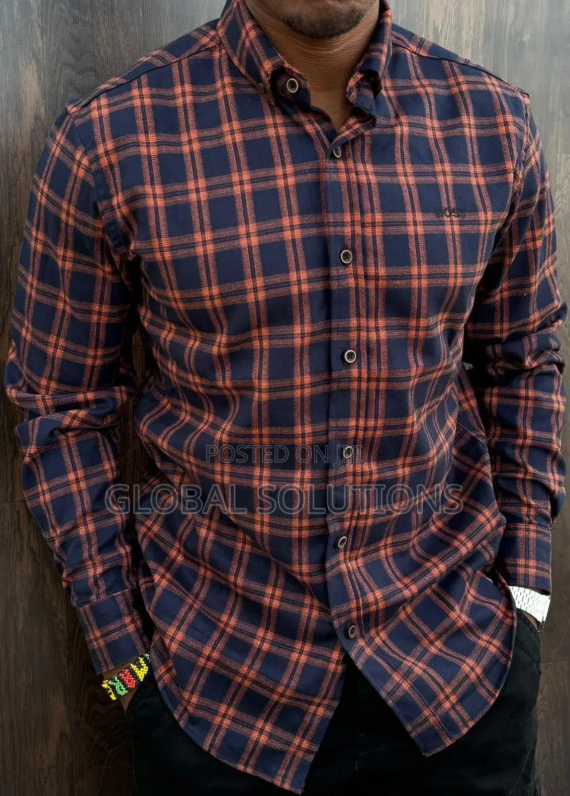 Boss Navy Reid Check Cotton Shirts With Coloured Check Pattern