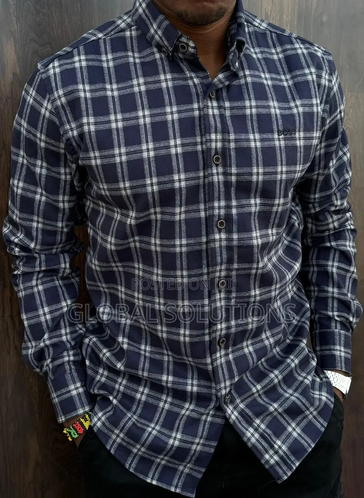 Boss Navy Reid Check Cotton Shirts With Coloured Check Pattern