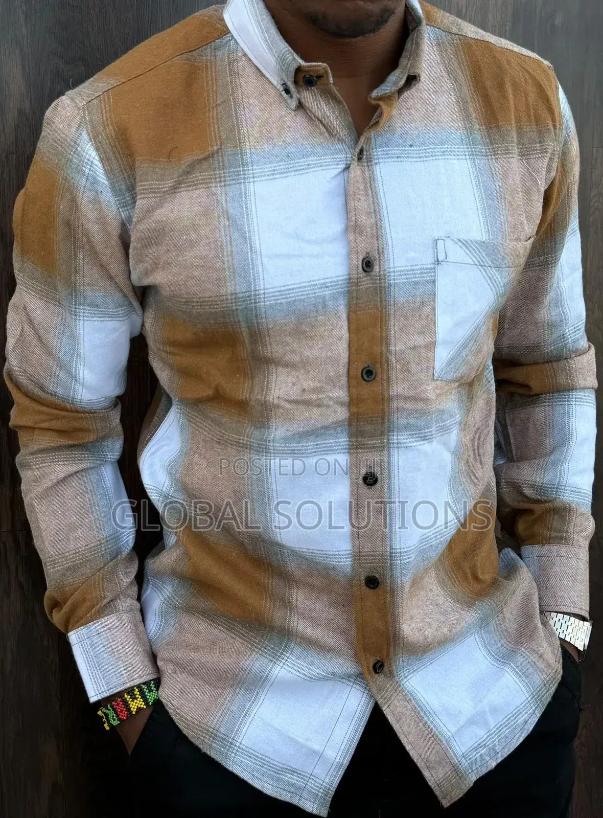 Men's Long-Sleeved Rose Red and White Plaid Flannel Shirt