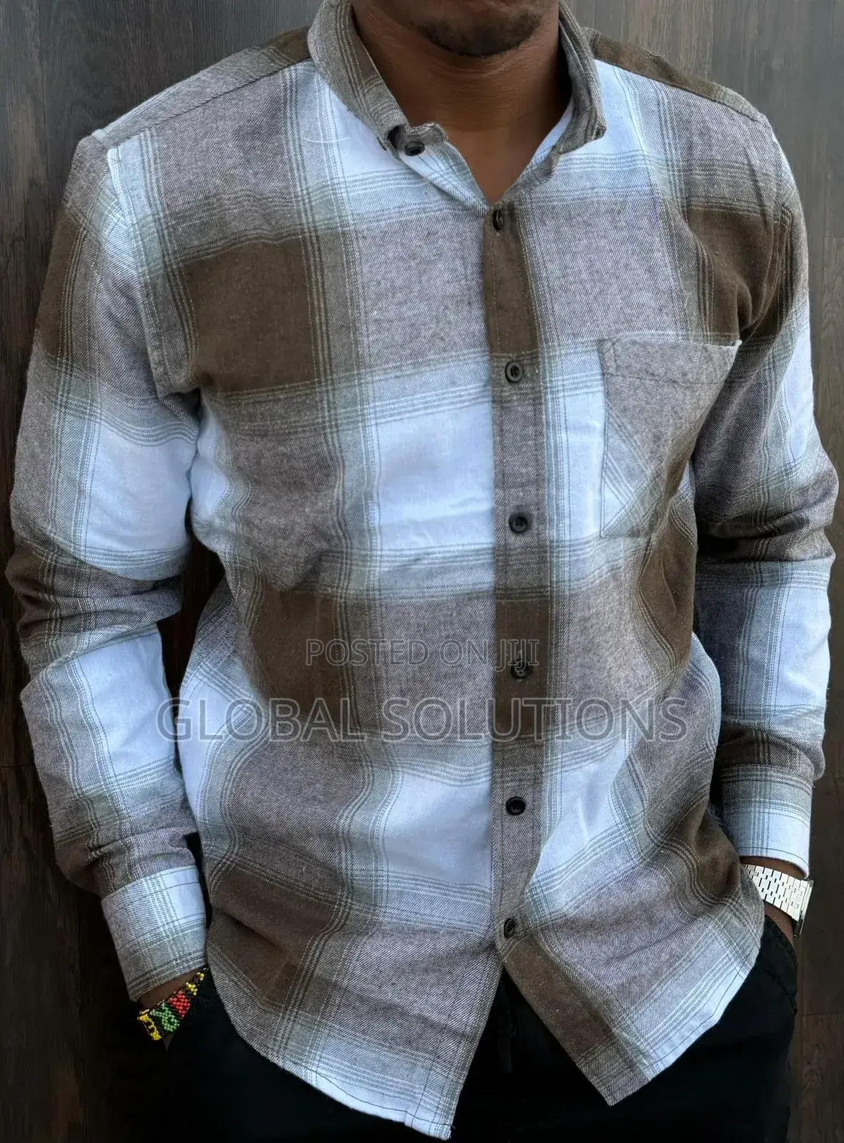 Men's Long-Sleeved Rose Red and White Plaid Flannel Shirt