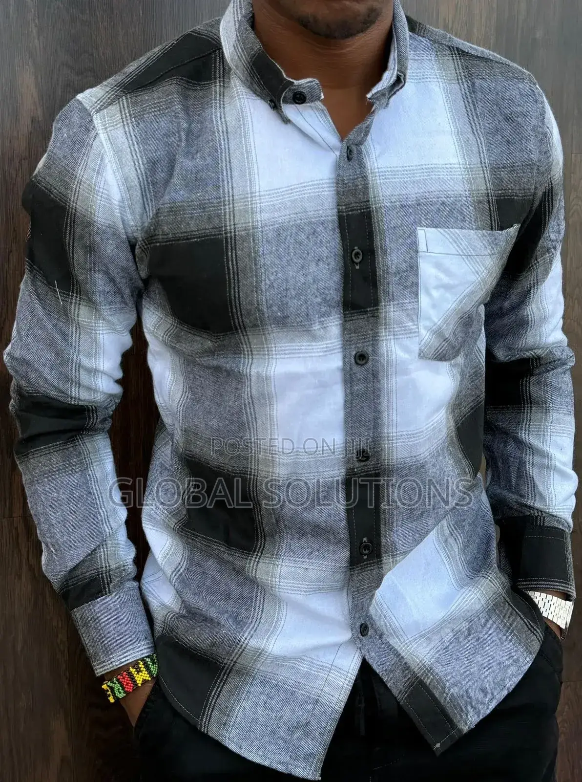 Men's Long-Sleeved Rose Red and White Plaid Flannel Shirt
