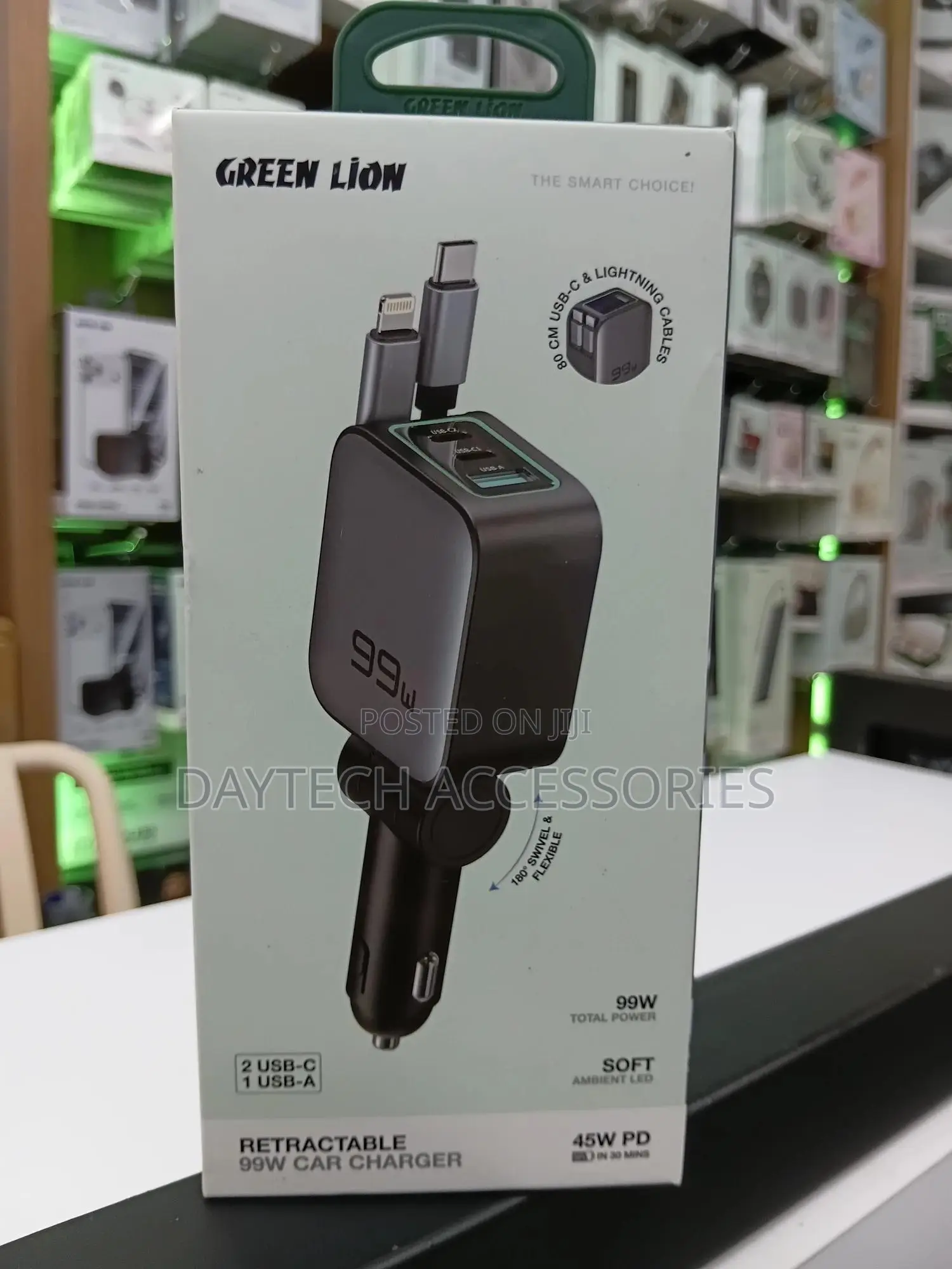 This Is a Green Lion 99w Retractable Car Charger.