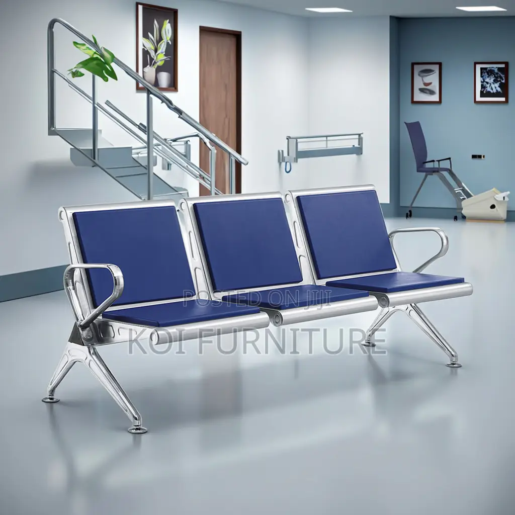 Office Bench:Blue 3-Seater Padded Heavy-Duty Office Waiting Room Bench