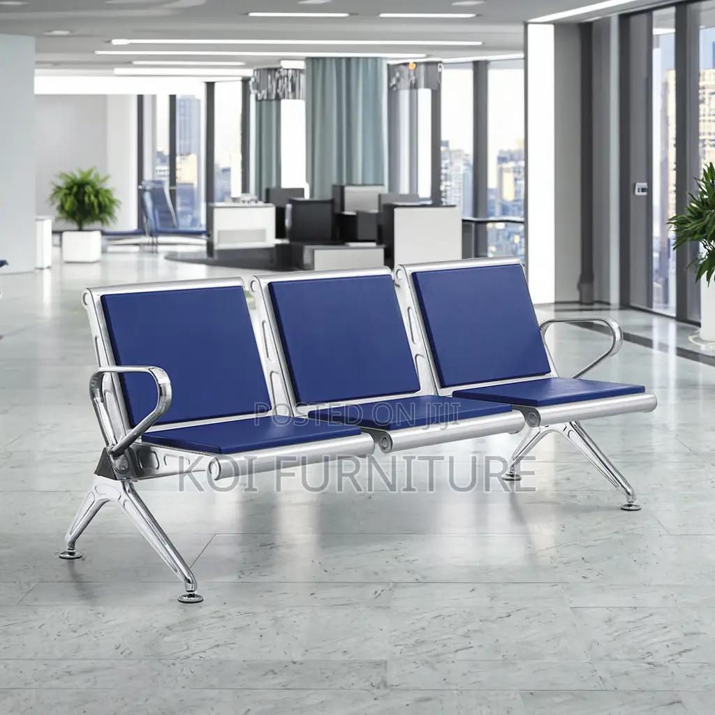Office Bench:Blue 3-Seater Padded Heavy-Duty Office Waiting Room Bench