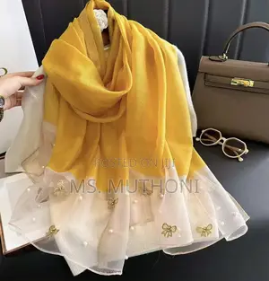 Luxury Chiffon Butterfly Embroidered Scarf Featuring Pearl Detailing