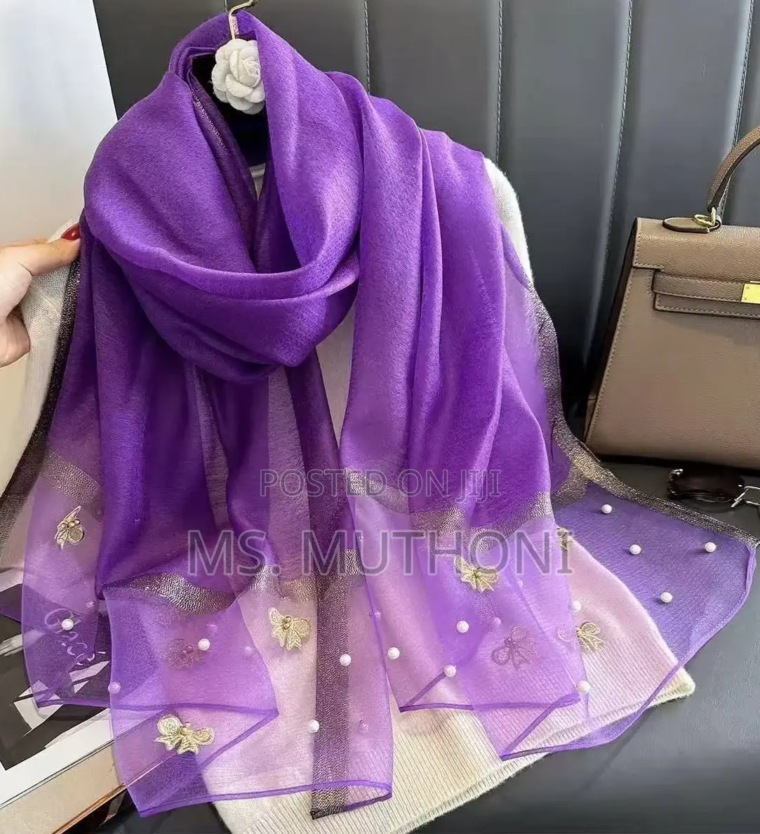Luxury Chiffon Butterfly Embroidered Scarf Featuring Pearl Detailing