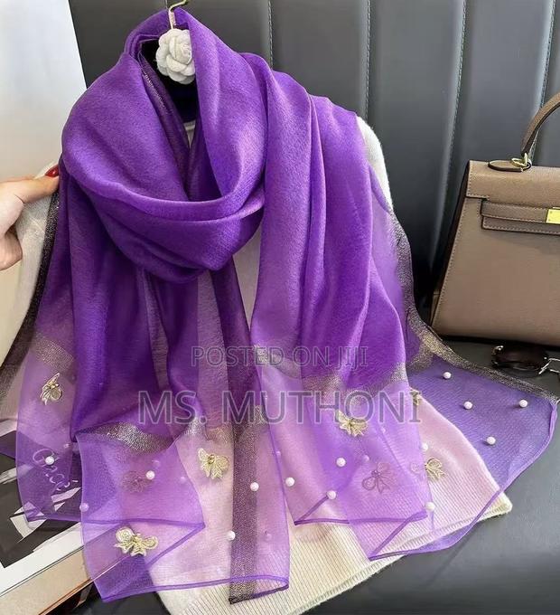 Luxury Chiffon Butterfly Embroidered Scarf Featuring Pearl Detailing