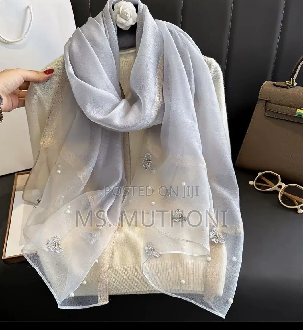 Luxury Chiffon Butterfly Embroidered Scarf Featuring Pearl Detailing